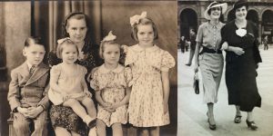 Split Screen: 1930's image of Mother in a hat seated for a portrait with four children, a boy on her right in a suit, the youngest girl in her lap and two older girls on her left. The girls have dresses and bows in their hair. Mother and adult daughter arm in arm walking in a plaza in the 1930's.