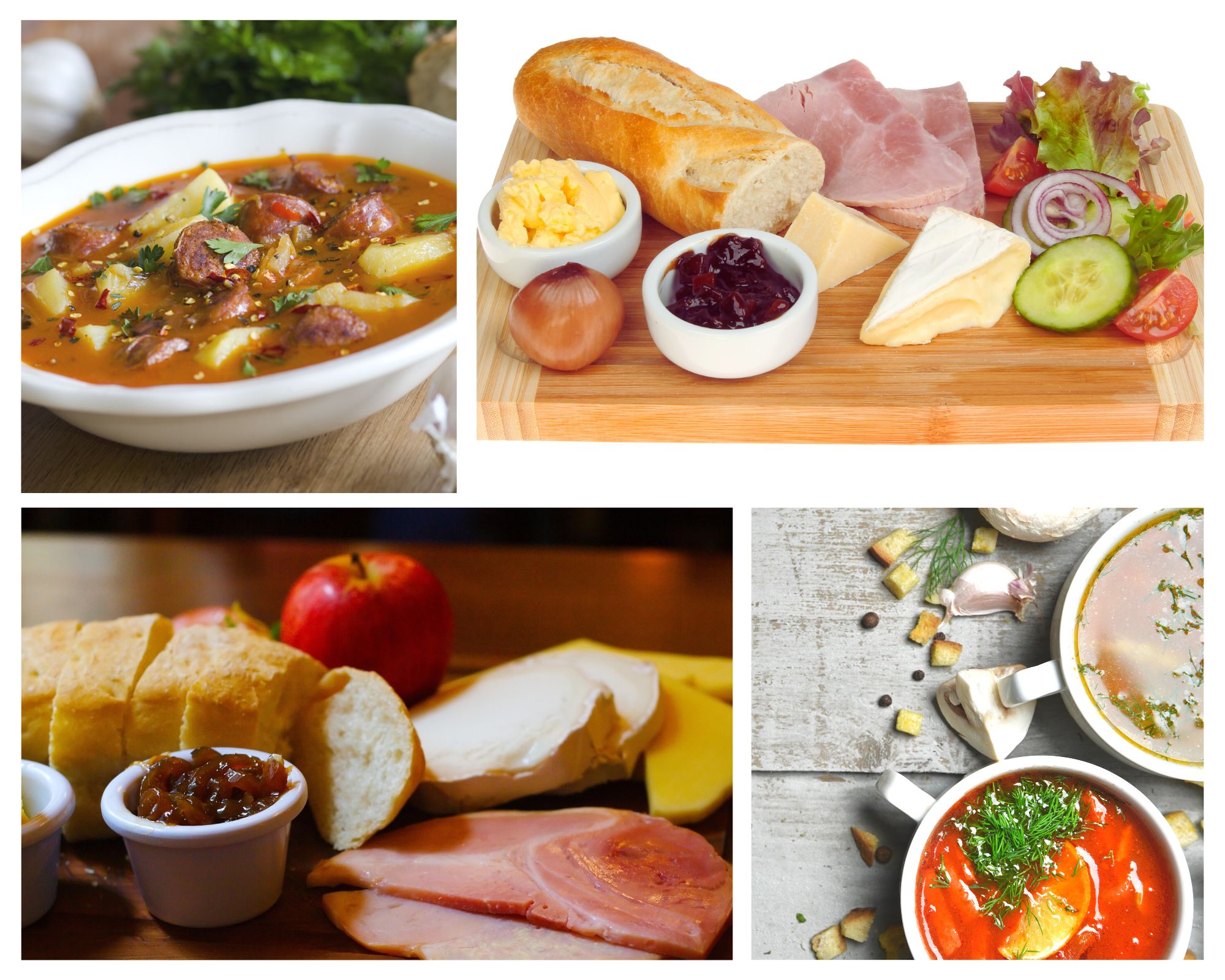 Split Screen: Bowls of soup; wooden board with wedges of cheese, sliced meats, bread, apples, and butter.